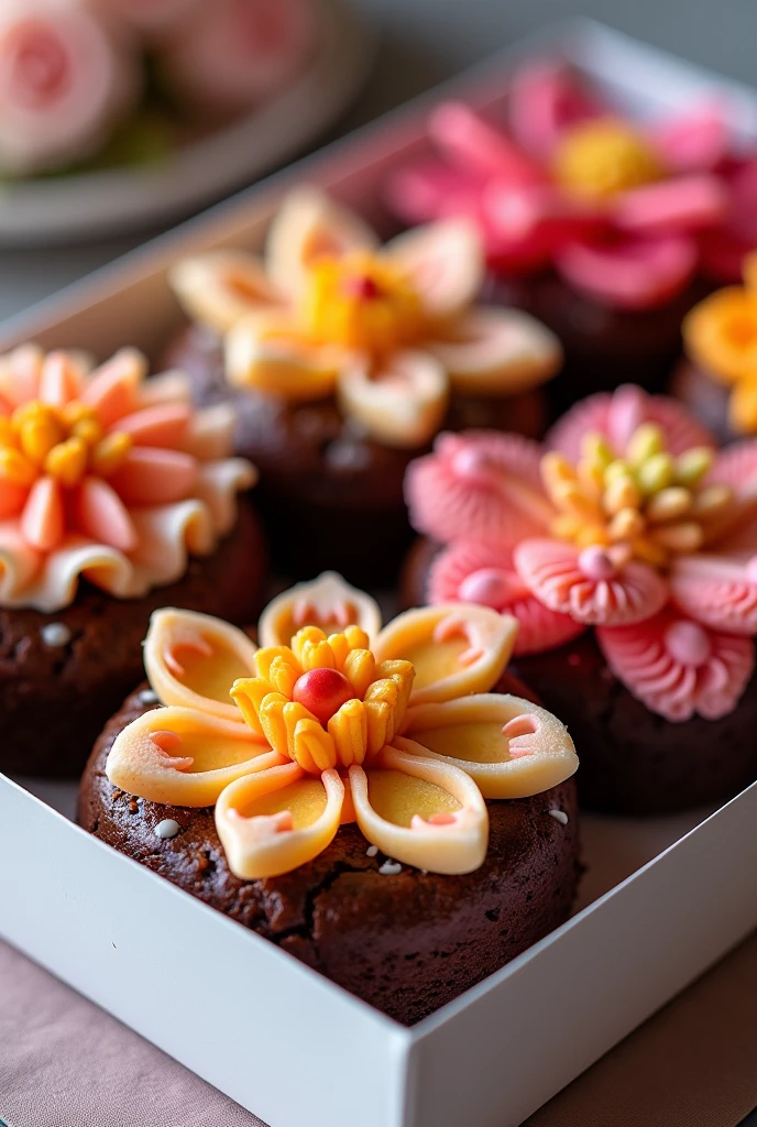 A box of flower-shaped brownies with colorful toppings. That they are inside a box 6 broqnies, the image in horizontal format
