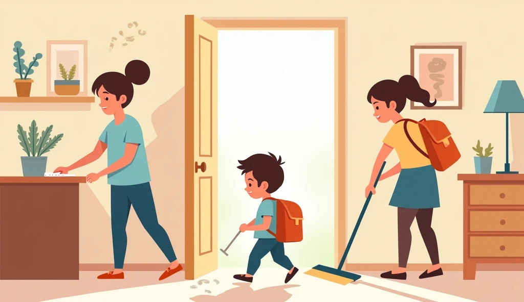 3 PEOPLE IN A ROOM, ONE TAKING THE DUST OFF, A BOY GOING OUT WITH A BACKPACK, AND THE OTHER ONE SWEEPING CARTOON