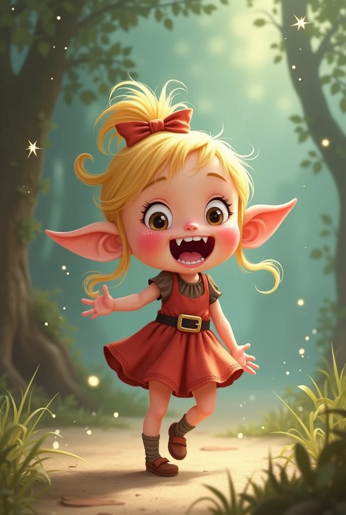 Affectionate and mischievous little elf who is throwing a tantrum. blonde hair. Bulging eyes and big cheeks. He laughs with a missing tooth in his mouth. She is dressed in a girl's dress. Elf girl. She is missing a tooth and her blonde hair is tied in a ponytail.. Missing teeth. Only a few teeth