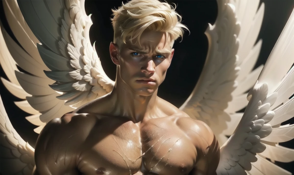 [((highly detailed, detailed eyes, detailed face, clear and realistic facial features, photorealistic, realistic light, cinematic, facing the viewer)), (1 man), (((((Gorgeous sexy powerful masculine male angel))))), (((two wings, both wings showing behind his back))), ((((short blond hair)))), ((((very pale eyes with white iris)))), ((35 years old)), ((wearing flattering angelic clothes)), (((aura of divine power))), standing in a cozy apartment at nighttime, ((light blush)), (((((wearing an annoyed expression)))))]