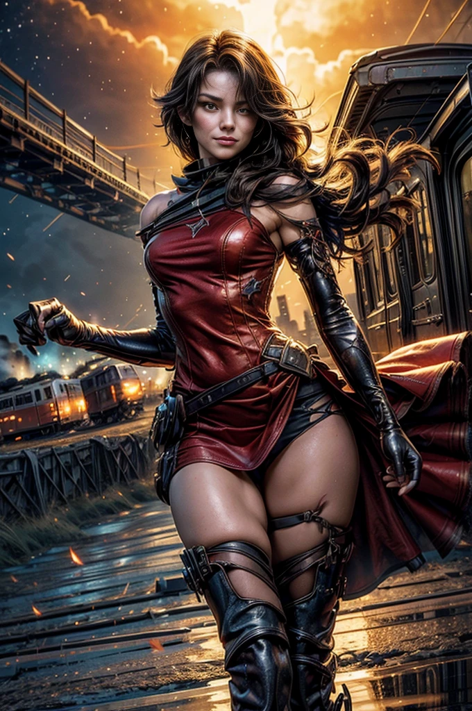 (masterpiece, best quality:1.2), cowboy shot, solo, 1girl, cinder fall, looking at viewer, long hair, red dress, elbow gloves, pantyhose, dynamic pose, next to wrecked bridge, wrecked train, holding fire, night, stars, closed mouth, evil smile, post-apocalypse, dystopian future  crowd, (volumetric lighting), sharp focus, hyper detailed 