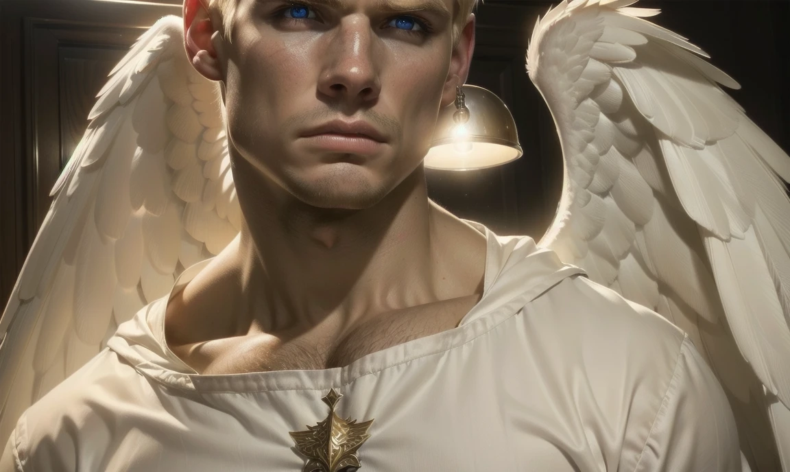 [((highly detailed, detailed eyes, detailed face, clear and realistic facial features, photorealistic, realistic light, cinematic, facing the viewer)), (1 man), (((((Gorgeous sexy powerful masculine male angel))))), (((two wings, both wings showing behind his back))), ((((short blond hair)))), ((((very pale eyes with white iris)))), ((35 years old)), ((wearing flattering angelic clothes)), (((aura of divine power))), standing in a cozy apartment at nighttime, ((light blush)), (((((wearing an annoyed expression)))))]