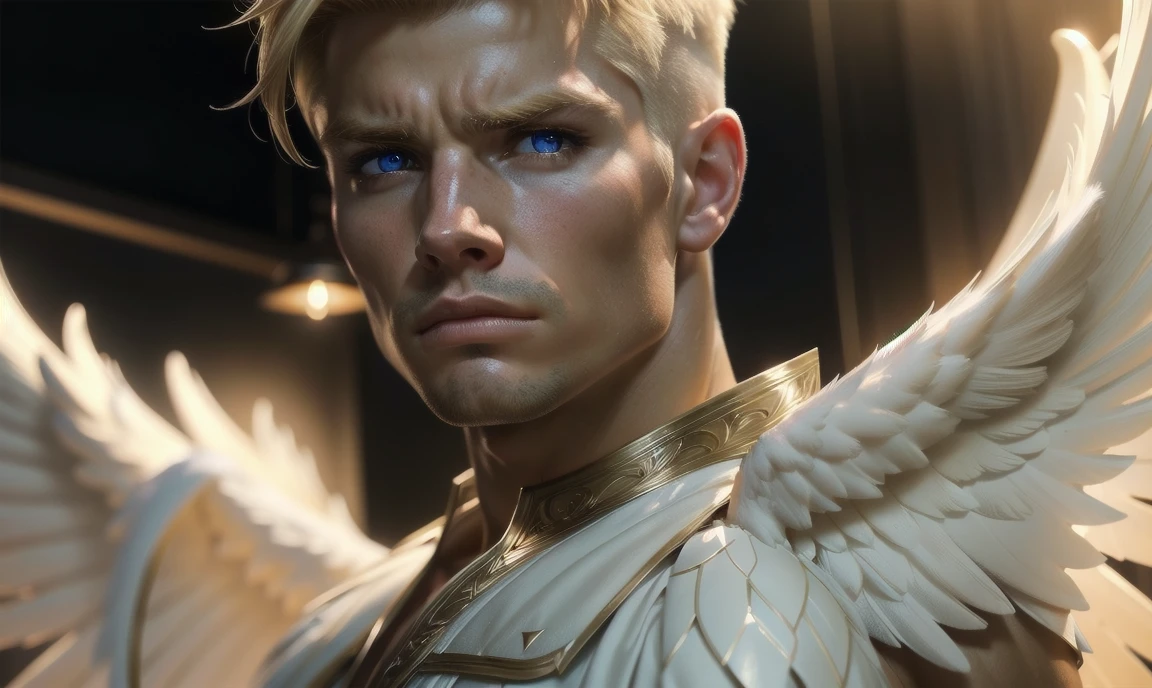 [((highly detailed, detailed eyes, detailed face, clear and realistic facial features, photorealistic, realistic light, cinematic, facing the viewer)), (1 man), (((((Gorgeous sexy powerful masculine male angel))))), (((two wings, both wings showing behind his back))), ((((short blond hair)))), ((((very pale eyes with white iris)))), ((35 years old)), ((wearing flattering angelic clothes)), (((aura of divine power))), standing in a cozy apartment at nighttime, ((light blush)), (((((wearing an annoyed expression)))))]