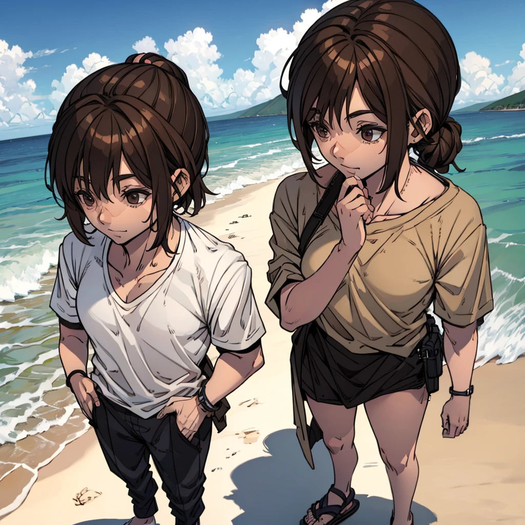 A beach man with a shirt, brown hair tied up, fully body