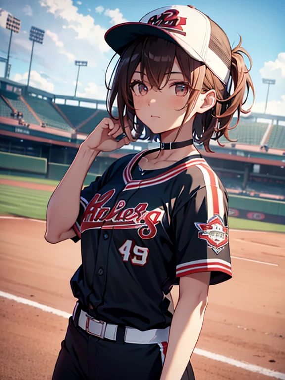 baseball player, The background is a baseball field, Misaka Mikoto, 1girl, black choker, uhd, retina, masterpiece, ccurate, anatomically correct, textured skin, super detail, high details, high quality, best quality, highres, 4K