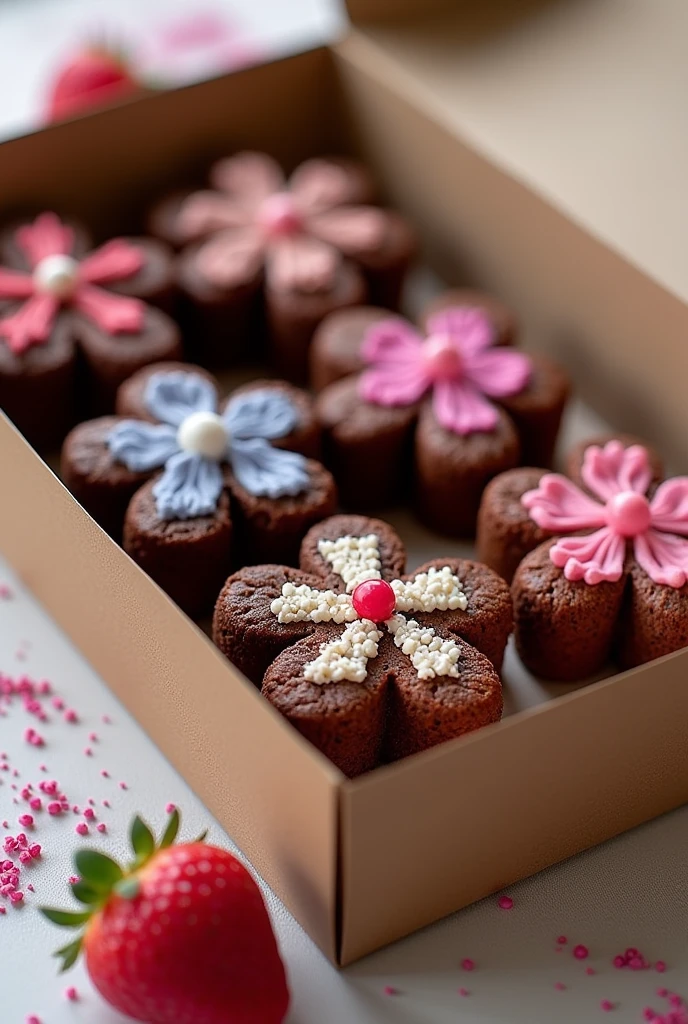 A box of flower-shaped brownies with colorful toppings. That they are inside a box 6 broqnies, the image in horizontal format