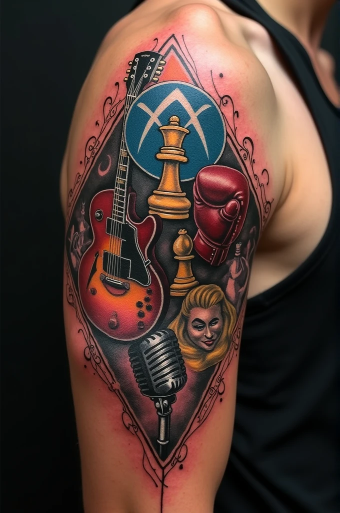 Get a tattoo that has a guitar, a boxing glove, a chess knight, and a microphone