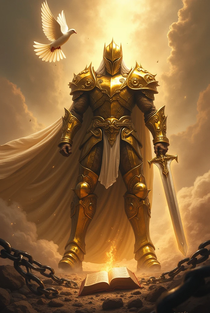 fund: WITH A LIGHT FROM THE SKY a battle landscape, to create a sense of conflict and intensity.
soldier: At the center, a soldier in shining GOLD COLOR armor, with shimmering metallic details. Armor must be detailed and imposing, reflecting light to create a glowing effect.
elsword: The soldier is holding a sword firmly, and the blade should look sharp and powerful. The sword may be cutting chains that are falling apart around it.. Chains can be represented with iron details, some breaking or falling apart.
chains: The mooring chains may be visibly breaking or being cut by the sword. You can show some of them falling to the ground and others still partially attached., to emphasize the act of liberation.
Additional Elements:A DOVE OF THE HOLY SPIRIT FLYING Depending on the style you want, you can add details like glow around the sword, sparks of energy, or a subtle shine on the armor to increase the visual impact. A BIBLE ON THE FLOOR