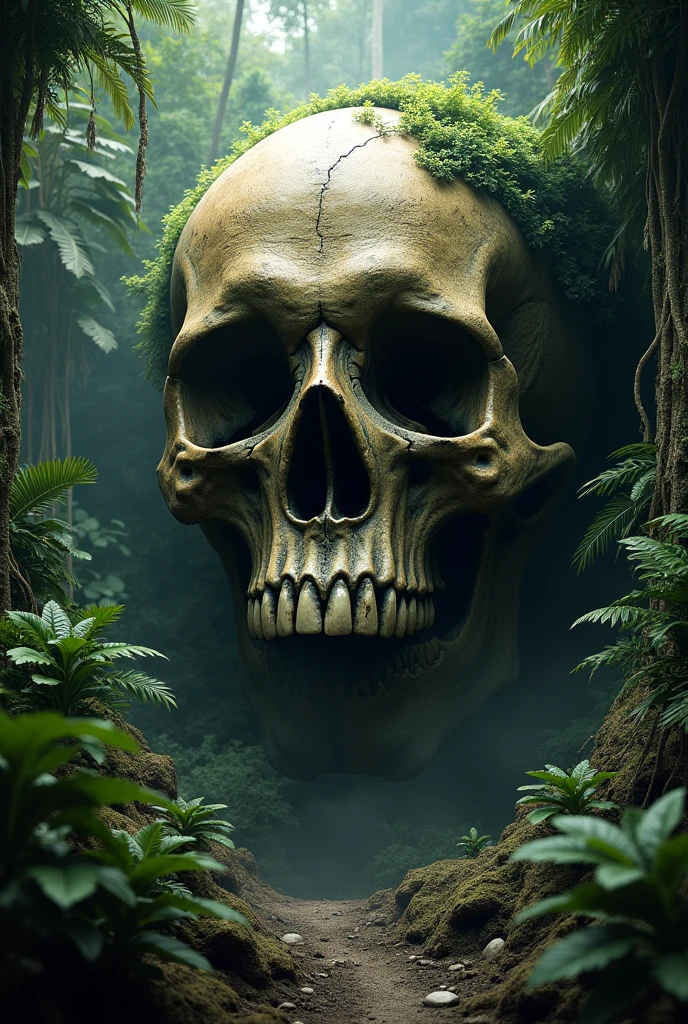 a tropical island, a gigantic human skull shaped cave, strange trees and animals, fog, (best quality,4k,8k,highres,masterpiece:1.2),ultra-detailed,(realistic,photorealistic,photo-realistic:1.37),detailed rock formations,lush vegetation,mysterious atmosphere,dramatic lighting,dramatic landscape,cinematic composition,moody colors,dark fantasy,surreal,epic scale