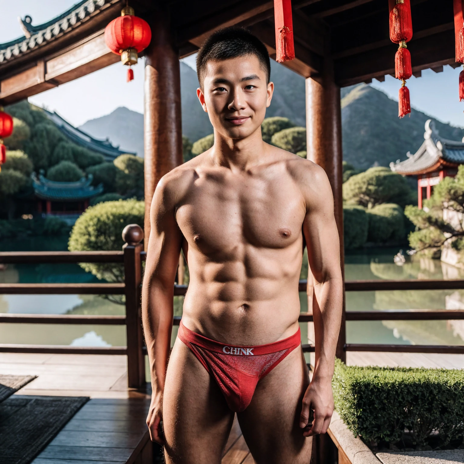(RAW photo, extreme realistic photograpy, 8k, highly detailed, sharp focus, ultra high definition), A 18 year old Chinese man, little smirk, (hairy body), light red underwear briefs, standing, Chinese garden background, natural light