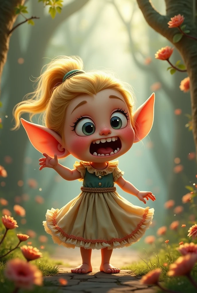 Affectionate and mischievous little elf who is throwing a tantrum. blonde hair. Bulging eyes and big cheeks. He laughs with a missing tooth in his mouth. She is dressed in a girl's dress. Elf girl. She is missing a tooth and her blonde hair is tied in a ponytail.. Missing teeth. Only a few teeth. without teeth. few teeth