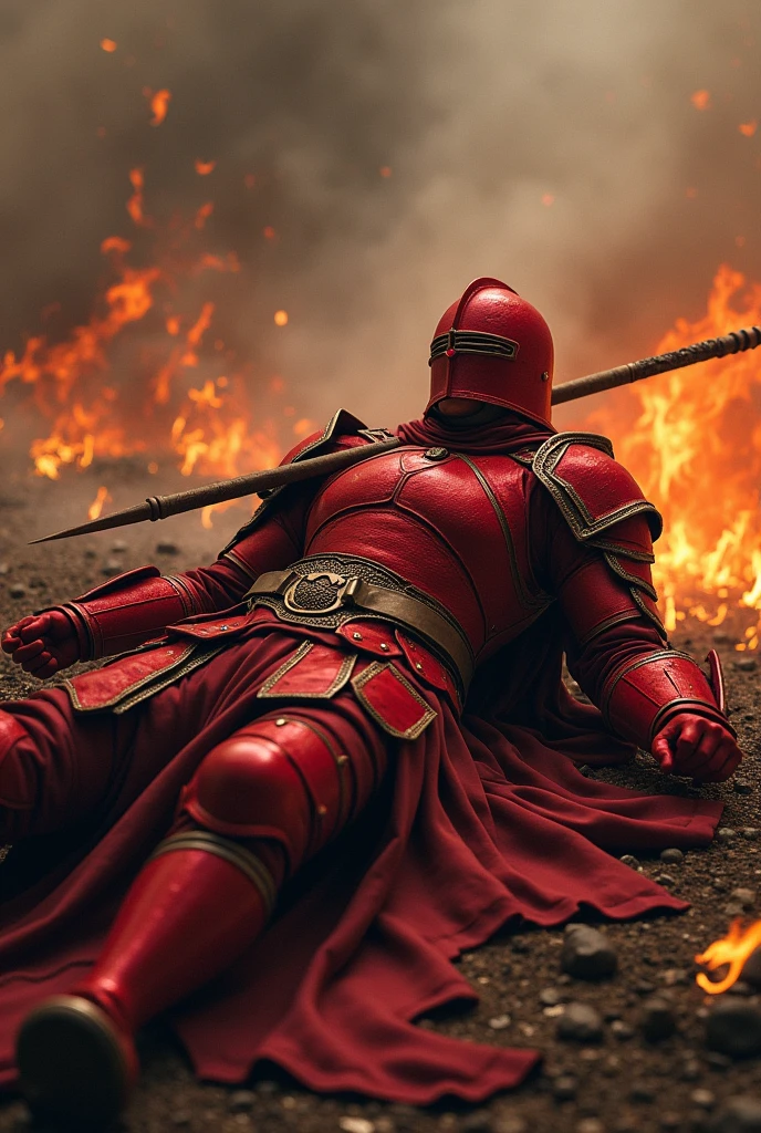 Warrior in red armor and a red closed helmet pierced by a spear, fallen on the burning battlefield 