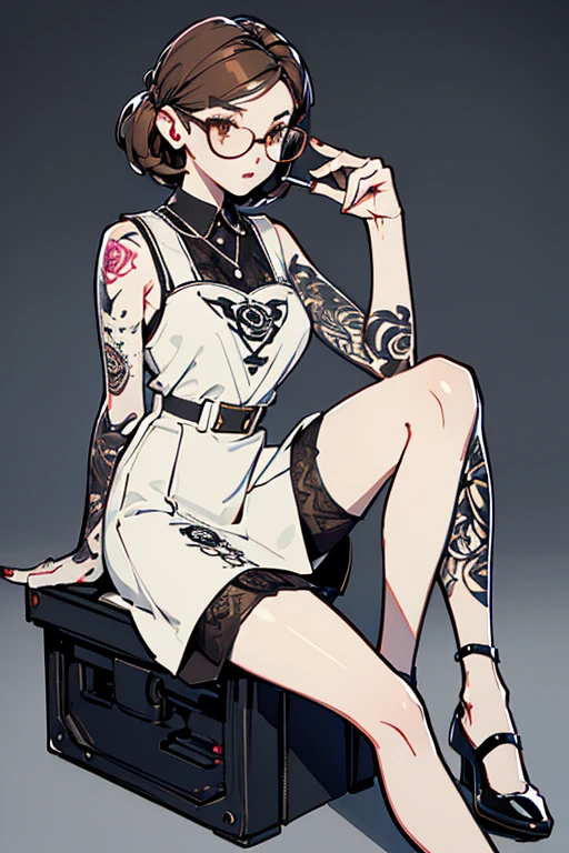 (drawing) (vector) Female tattoo artist with tattoo machine in hand in retro style and knee-length dress,thesis clara, light brown hair, with rose-colored glasses, short