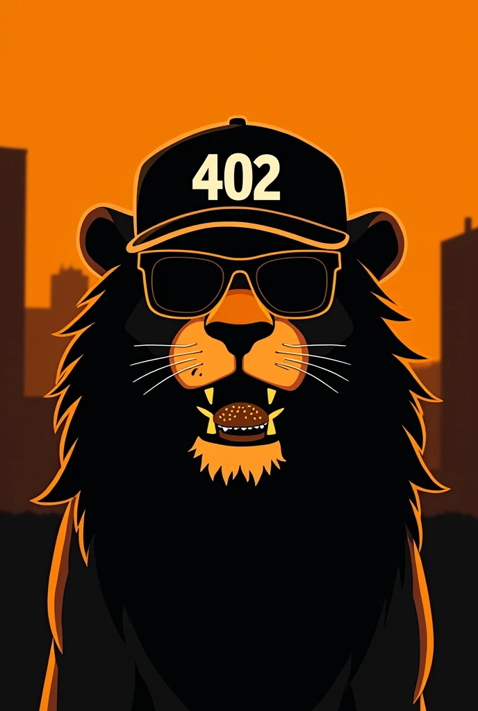 Silhouette of only the front face of an animated lion with an urban flow with completely dark square glasses and a backwards cap that transmits appetite with orange and black colors and on the cap put 402 showing only the silhouette of the face making with French fries and a hamburger in the mouth