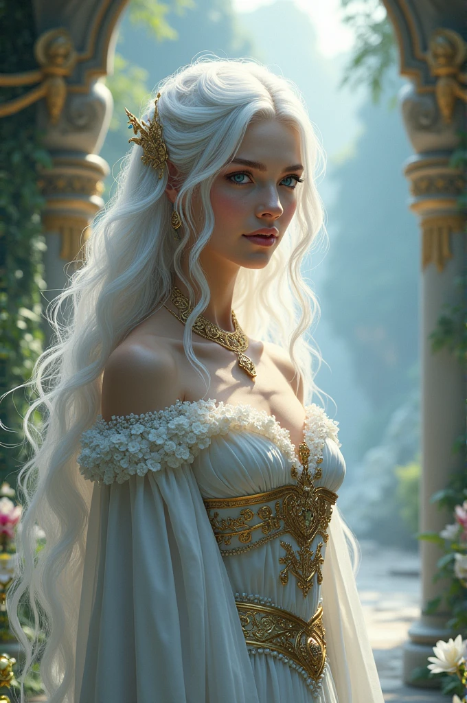 Princess of ancient times, with medium white hair, bright blue eyes, skin as white as snow. (rpg character)