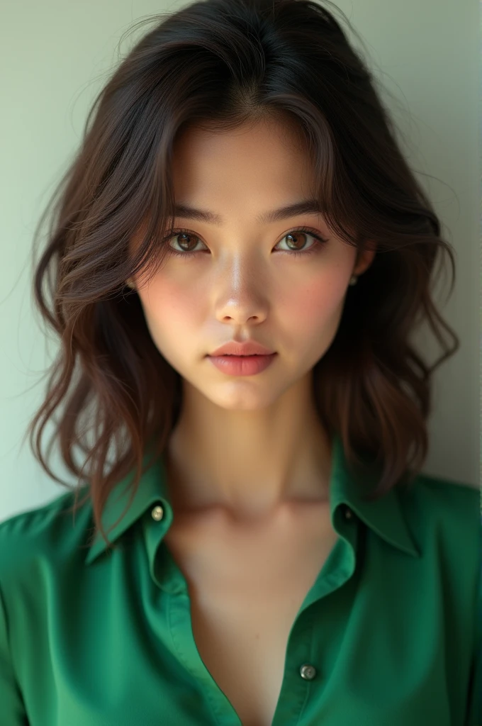 8k, highest quality, masterpiece, Realistic, Photorealistic, Ultra-detailed, Natural light, Highly detailed face and skin, Detailed eyes, Highly detailed face and skin mid-shot, Beautiful woman staring at camera, Sexy pose, Tabletop, Beautiful Face, Realistic Face, Detailed face, Beautiful hairstyle, Realistic eyes, Fine grain, Realistic Skin, Detailed skin, Beautiful Skin, Charm, ultra-realistic, Sexy green cardigan, ???, Brown Hair, Cute Japanese Girl, whole body,Dimples,