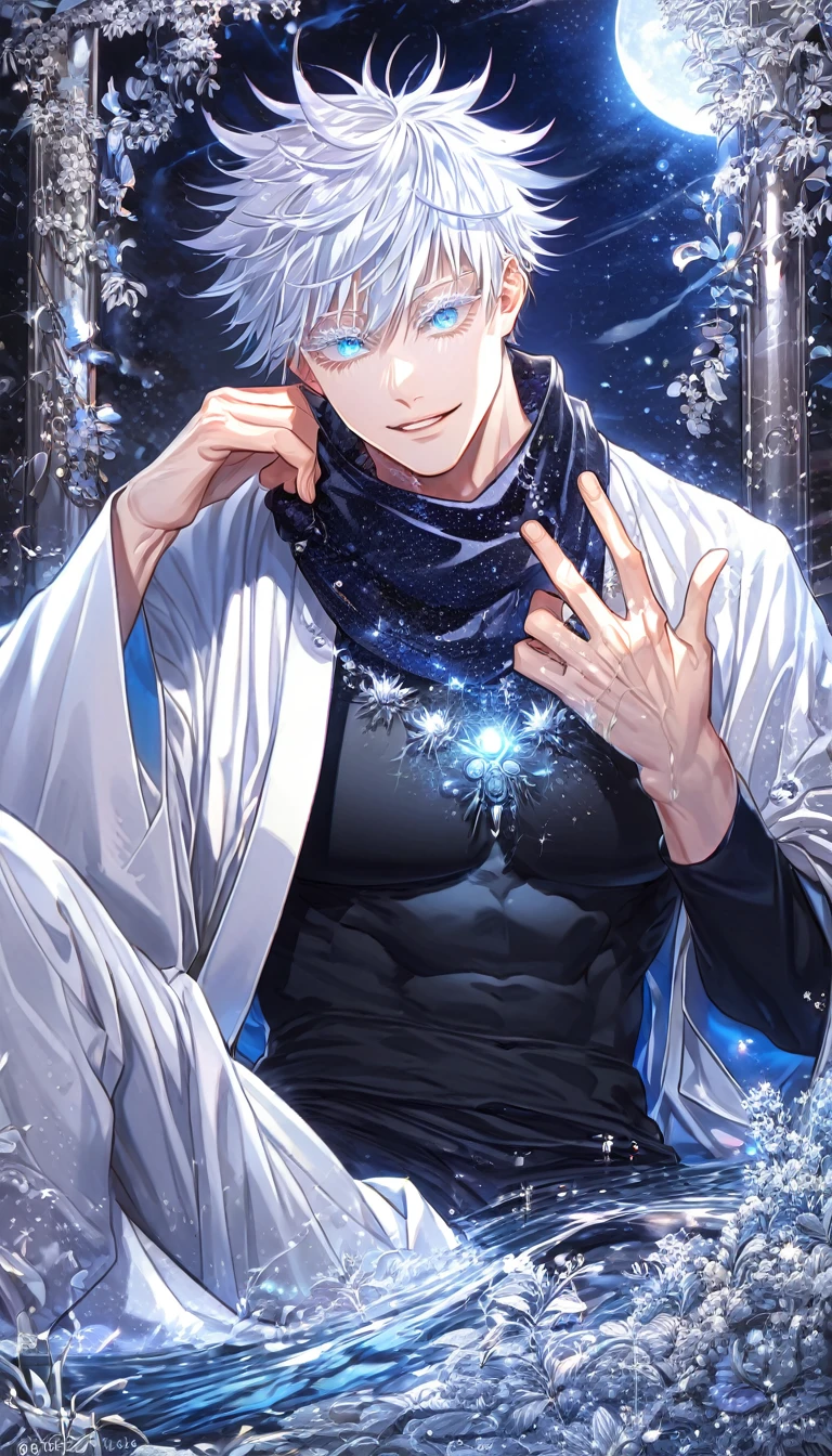 absurdres, highres, ultra detailed, HDR, master piece, best quality, extremely detailed, Gojou Satoru, white hair, expressive blue eyes, white eyelashes, colored eyelashes, Jujutsu Kaisen, solo, muscular, sexy man, manly, handsome, smile, white haori, black scarf, black tight T-shirt, sitting, fantasy, water, sparkling, silver moon, firefly, silver sparkling lights, starry sky