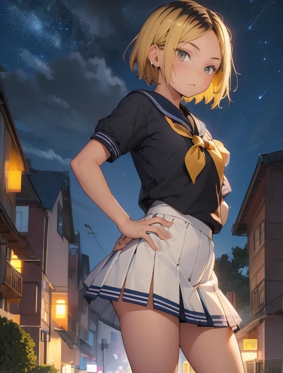 (masterpiece, Highest quality, Highest quality)，32K，Very young girl，very cute，alone,Baby Face，blonde，Black Hair，variegated hair，Very short stature，Very small ass，Very thin thighs，Bruises and gestures，(Short-sleeved sailor uniform:1.3)，mini skirt，exterior，Night Park，Night Sky,