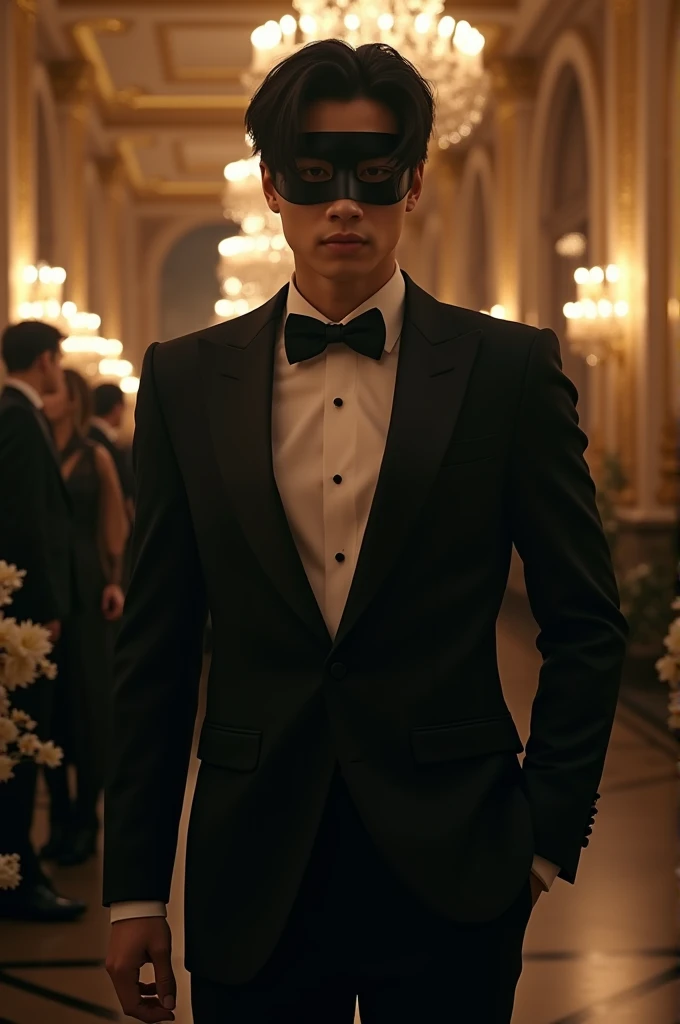 Hello, can you generate a picture of Yoongi from BTS, full body in a black Armani suit, with a black Venetian-style mask and a background that alludes to the fact that it is an elegant, evening masked ball
