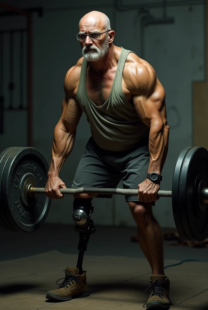dark man, stark, calvo, No beard and glasses, at 65 years old, training at the gym. He wears a tank top and black shorts and has a prosthetic leg on his left leg.. He holds a barbell weighing 15 kg on each side with both hands..