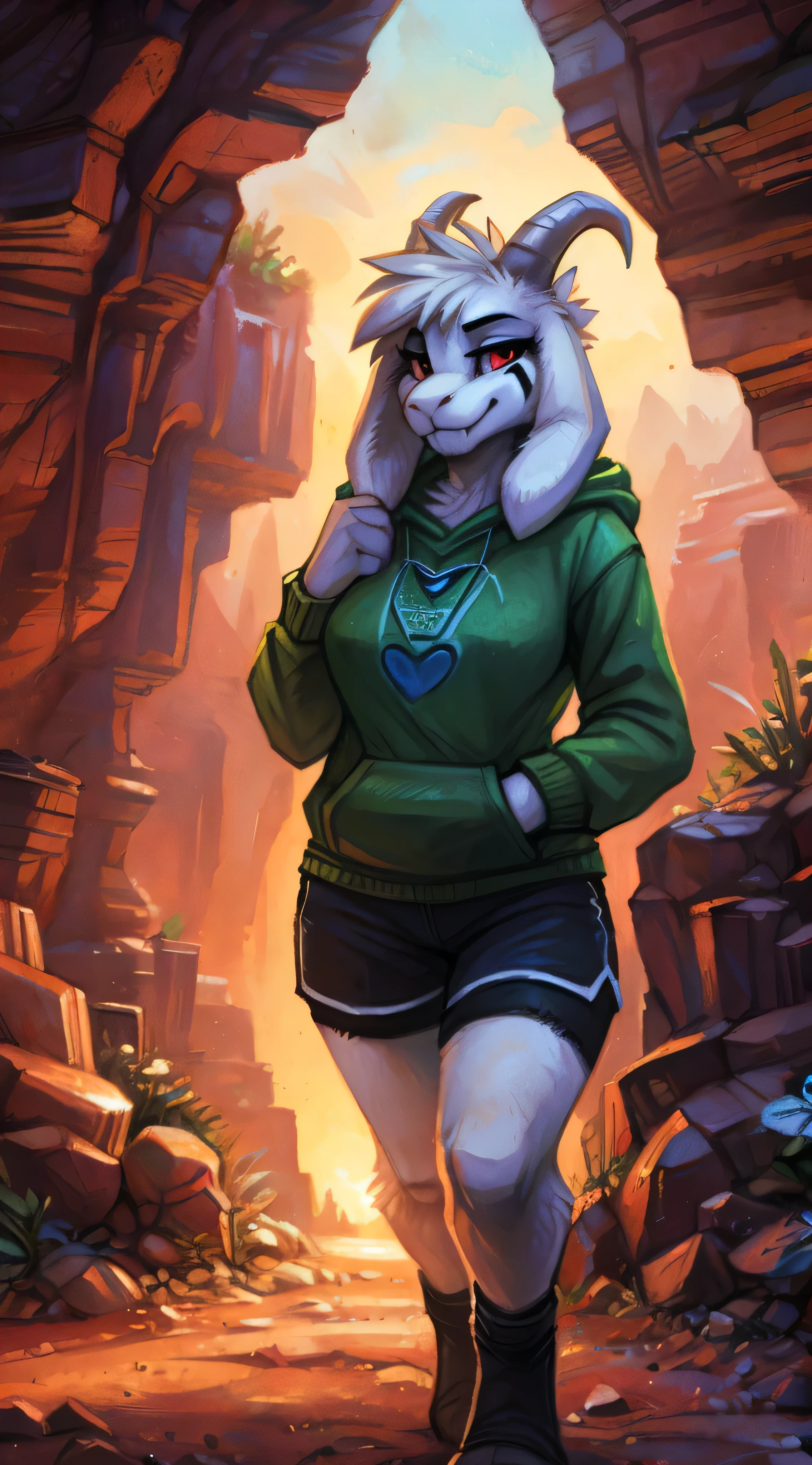 Asriel, female, 1girl, outside, solo, body fur, high res, clothed, furry, sharp focus, colorful, cave, by fluff-kevlar, by Zackary911, by Kenket, by Kilinah,Safe content, by fluff-kevlar, looking at the viewer, (detailed Asriel), (detailed body), (detailed lighting), smug smile, half-closed eyes, green striped stockings,shorts, Green hoodie, goat, red eyes, Big breast