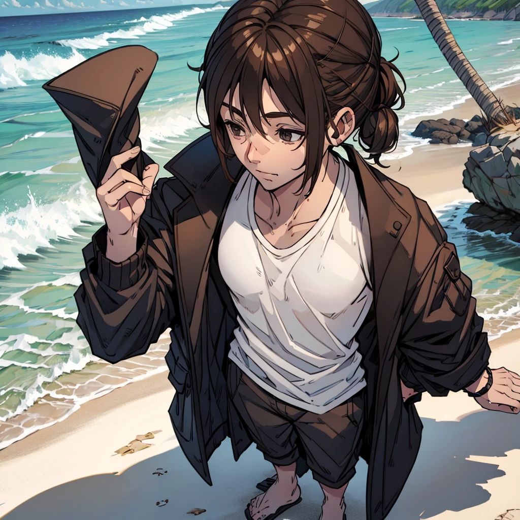 A beach man with a shirt, brown hair tied up, fully body