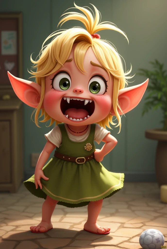 Affectionate and mischievous little elf who is throwing a tantrum. blonde hair. Bulging eyes and big cheeks. He laughs with a missing tooth in his mouth. She is dressed in a girl&#39;s dress. Elf girl. She is missing a tooth and her blonde hair is tied in a ponytail.. Missing teeth. Only a few teeth. without teeth. Few teeth, a single tooth. 1 served