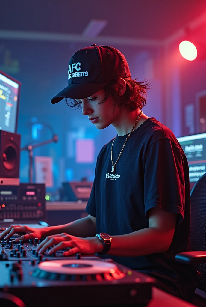 17-year-old music producer and backwards cap with the logo of "AFC on the beats "