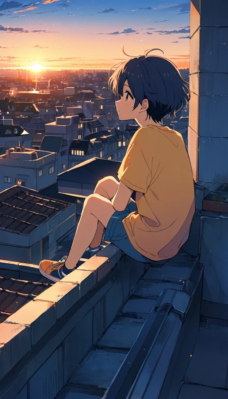 anime boy sitting on ledge looking at city at night, watching the sun set. anime, anime vibes, sits on a rooftop, in style of makoto shinkai, anime background, makoto shinkai cyril rolando, anime aesthetic, ( ( makoto shinkai ) ), makoto shinkai!, makoto shinkai!!, girl sitting on a rooftop