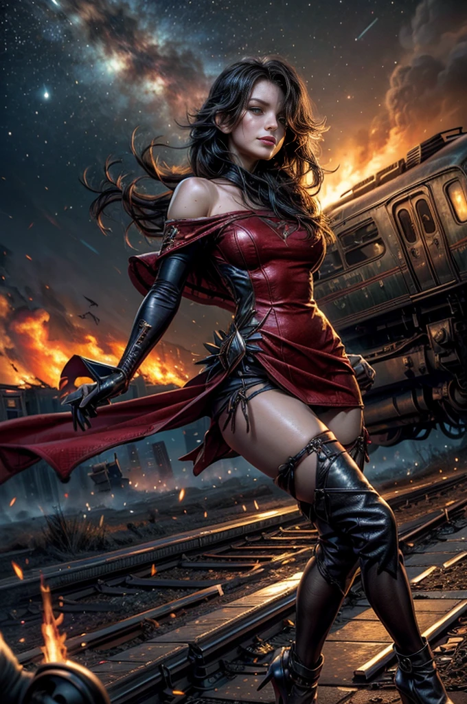 (masterpiece, best quality:1.2), cowboy shot, solo, 1girl, cinder fall, looking at viewer, long hair, red dress, elbow gloves, pantyhose, dynamic pose, next to wrecked bridge, wrecked train, holding fire, night, stars, closed mouth, evil smile, post-apocalypse, dystopian future crowd, (volumetric lighting), sharp focus, hyper detailed
