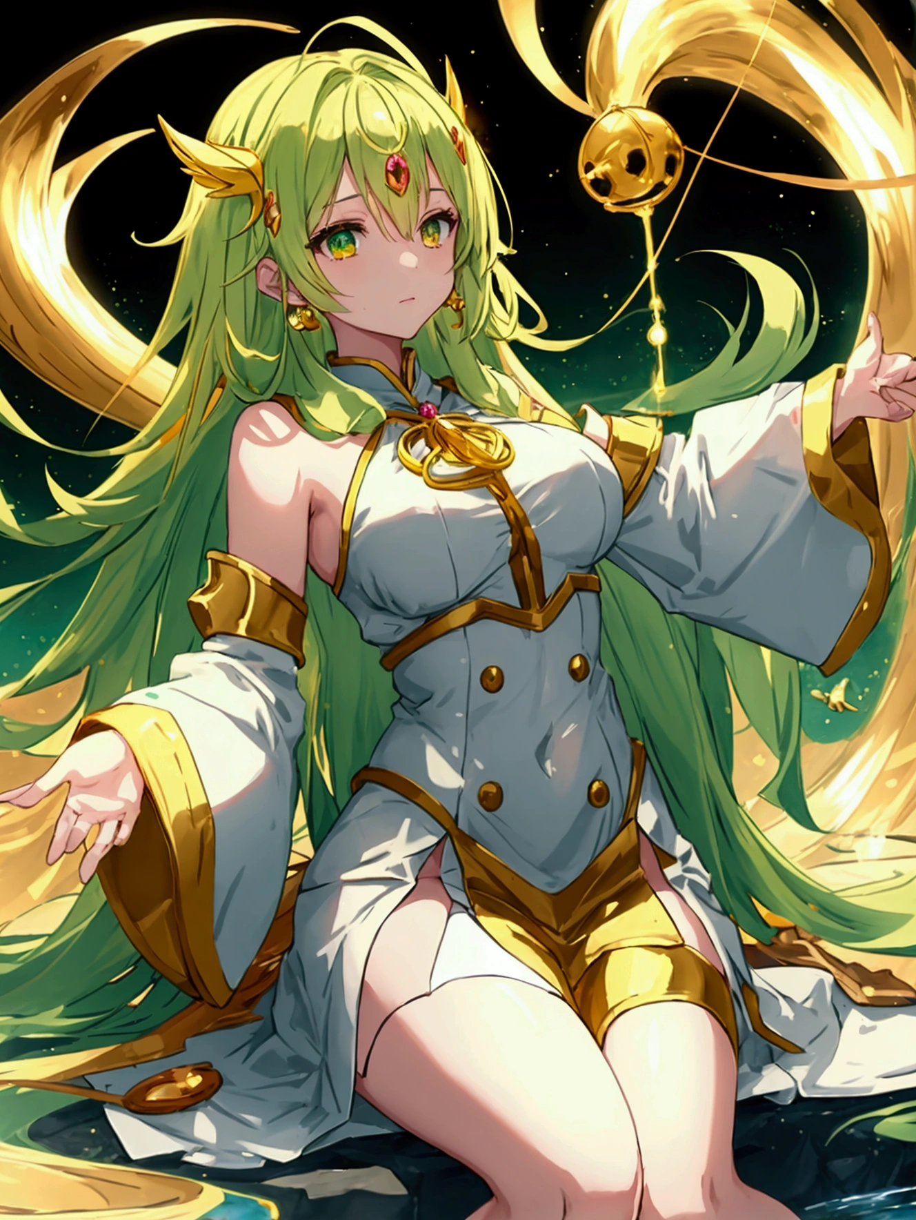 anime girl , healing power , golden and light green reviling cloths covered with healing spell , golden mana lines surrounding her