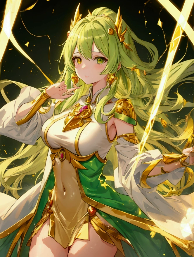anime girl , healing power , golden and light green reviling cloths covered with healing spell , golden mana lines surrounding her