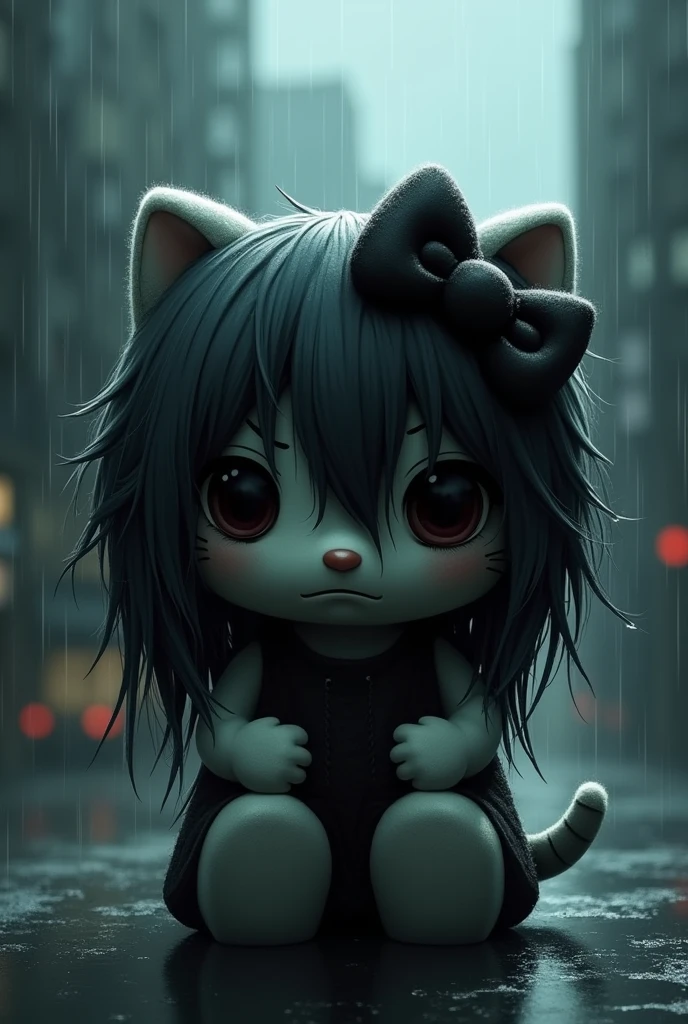 "Hello Kitty, with dark shadows highlighting her sadness. Her face is depressed, with droopy eyes and a downturned mouth. Her hair is long and black, with strands falling over her face. She wears a black bow on her head, but it's worn and dirty. Her ears and tail are droopy, as if she's lost all her energy. In the background, a dark and rainy city, with tall buildings and dim lights. Hello Kitty seems to be alone, surrounded by darkness and sadness."

