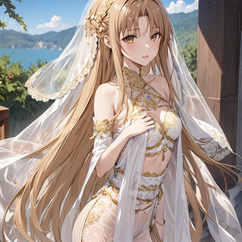 ((Highest quality)), ((masterpiece)), (detailed), (Perfect Face)、The woman is Yuuki Asuna, with light brown, medium-long hair, wearing a completely transparent outfit with gorgeous gold embroidery and trim, a veil, a transparent cape, and gorgeous accessories.、The woman is not wearing a bra、The woman is not wearing underwear