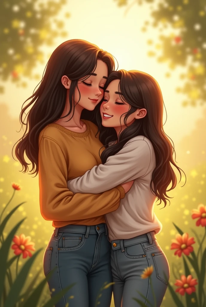 Creates two friends hugging each other