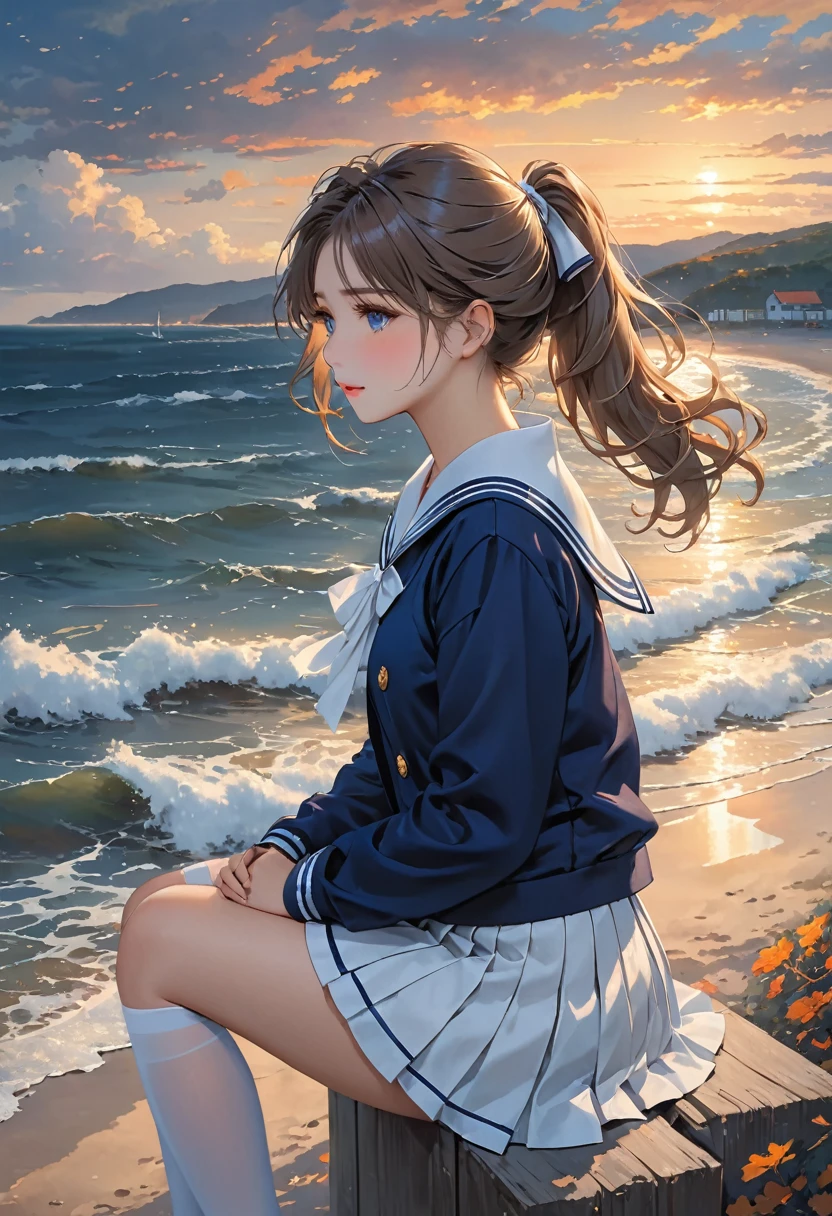 Highest quality、High resolution、Detailed Background、Beautiful face in every detail、Highly detailed face、Detailed eyes、age beauty、Perfect body line、Light color hair、Bobcut、ponytail、Wavy Hairstyle、Shiny navy blue sailor suit、White sailor collar、Navy blue pleated skirt、School Cardigan、White Stockings、A melancholy atmosphere、
The seaside covered in a dark grey sky、My hair swaying in the wind、It highlights the girl's lonely expression.、The figure of a girl walking slowly alone on the beach seems to symbolize the loneliness of autumn.、
While being blown by the sea breeze、There seems to be a sadness in the eyes of the girl as she silently gazes into the distance.、The back of the girl standing facing the sea seems to speak of loneliness and solitude.、Girl sitting on the beach、The sight of her curled up, hugging her knees, makes me feel like she is carrying a heavy burden inside her.、The tears that occasionally run down my cheeks seem to symbolize the loneliness of autumn.、The girl's gloomy expression stands out in a landscape dominated by cool colors.、The sight of a girl standing quietly alone awakens the loneliness of autumn deep in our hearts.、The inner loneliness of the girl reflected in the autumn sea slowly seeps into the viewer's heart.
