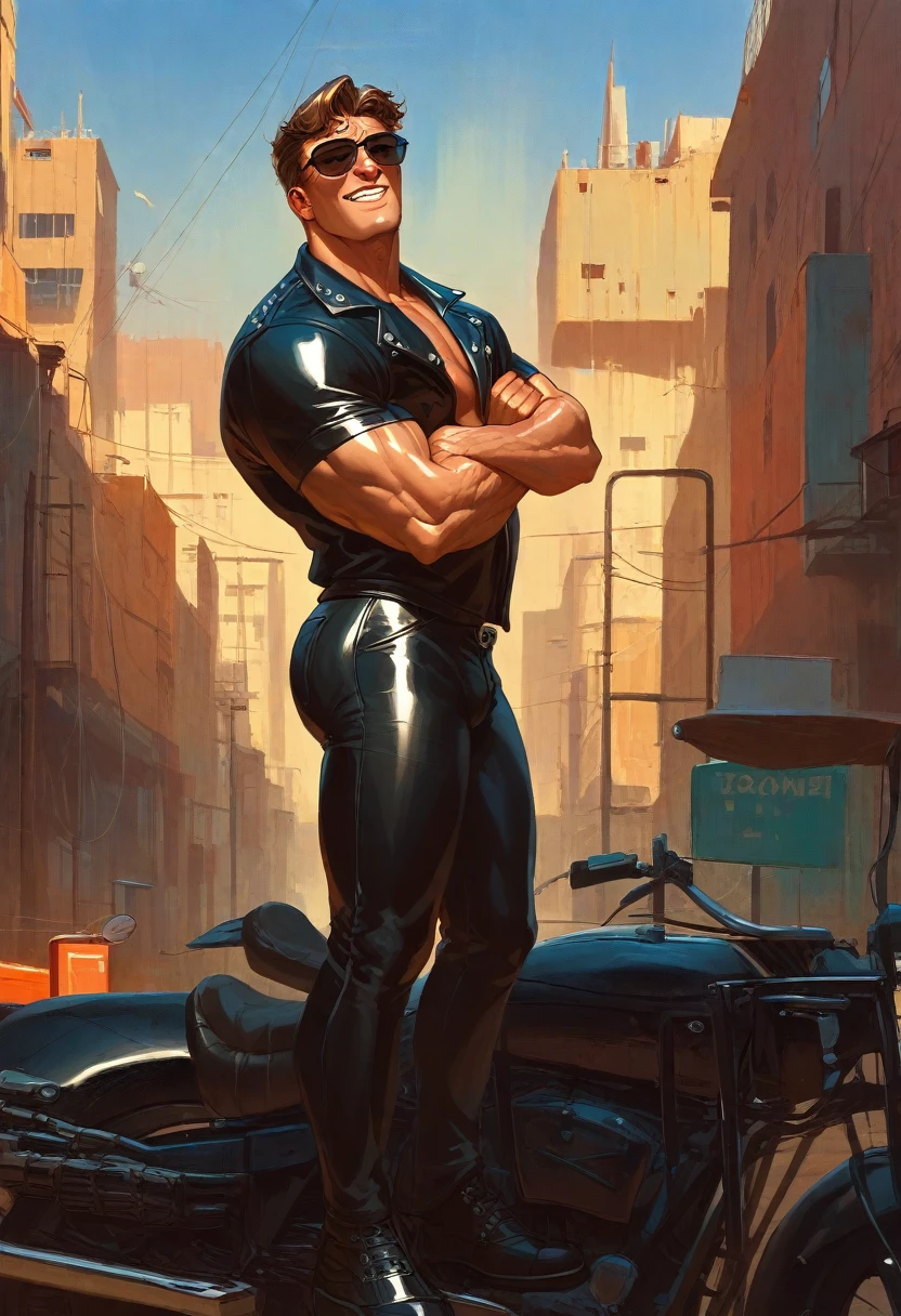 Handsome and huge gangster bodybuilder Roman Todd on motorcycle, huge muscles, crotch lump, Shiny black quilted and studded leather jacket with high spikes, shiny black leather shirt, shiny black leather pants, black sunglasses, industrial architecture: 1.4), retrofuturism, crazy details, (Fujiflim XT3), 20 megapixels,