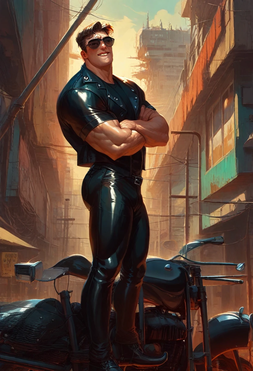 Handsome and huge gangster bodybuilder Roman Todd on motorcycle, huge muscles, crotch lump, Shiny black quilted and studded leather jacket with high spikes, shiny black leather shirt, shiny black leather pants, black sunglasses, industrial architecture: 1.4), retrofuturism, crazy details, (Fujiflim XT3), 20 megapixels,