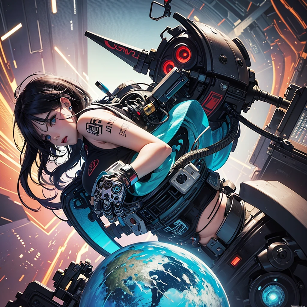 Master piece, best quality, graphics, colors and textures, cyber tattoed girl, precious face and body, big and rounded ass, mechanical body parts in a tattoo studio