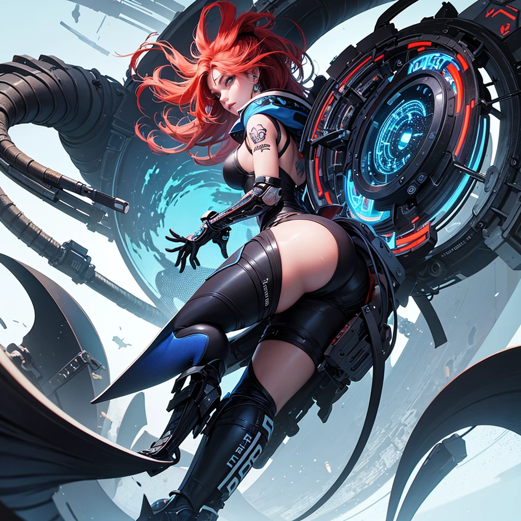 Master piece, best quality, graphics, colors and textures, cyber tattoed girl, precious face and body, big and rounded ass, mechanical body parts in a tattoo studio