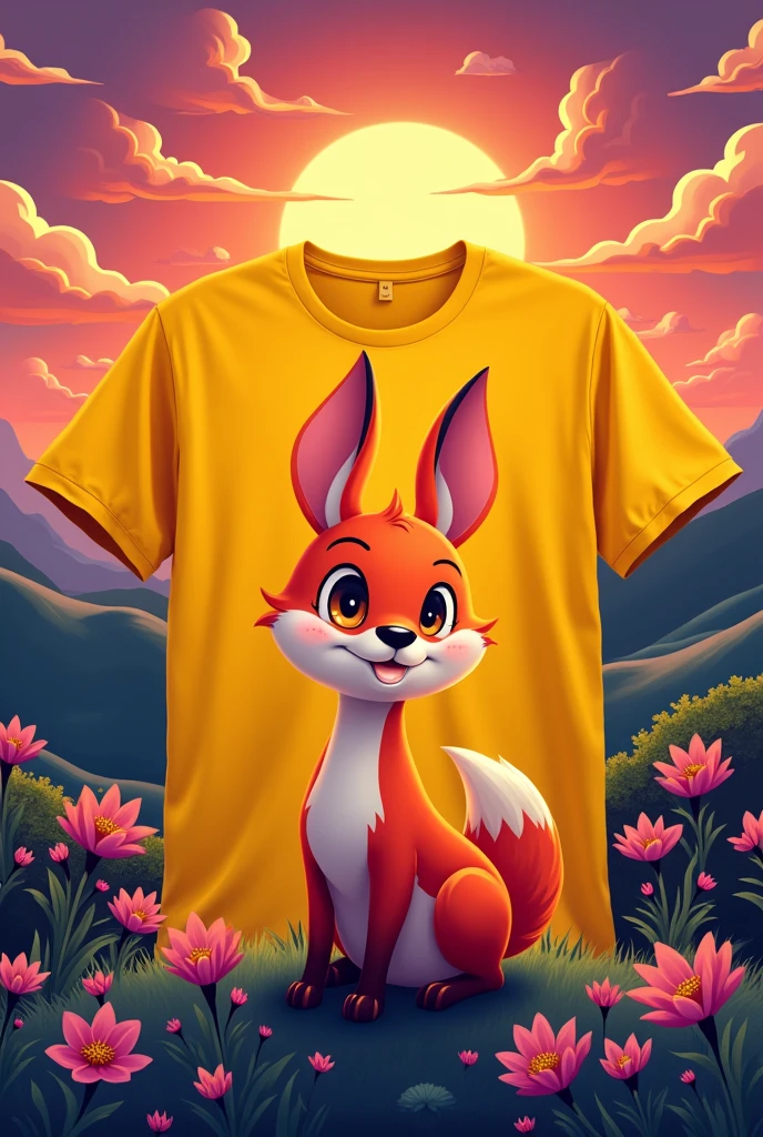Yellow T-shirt with sunset background and land animal design
