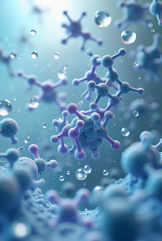 Microscopic view showing simple organic molecules such as amino acids and proteins floating in water. Some molecules start to group together.