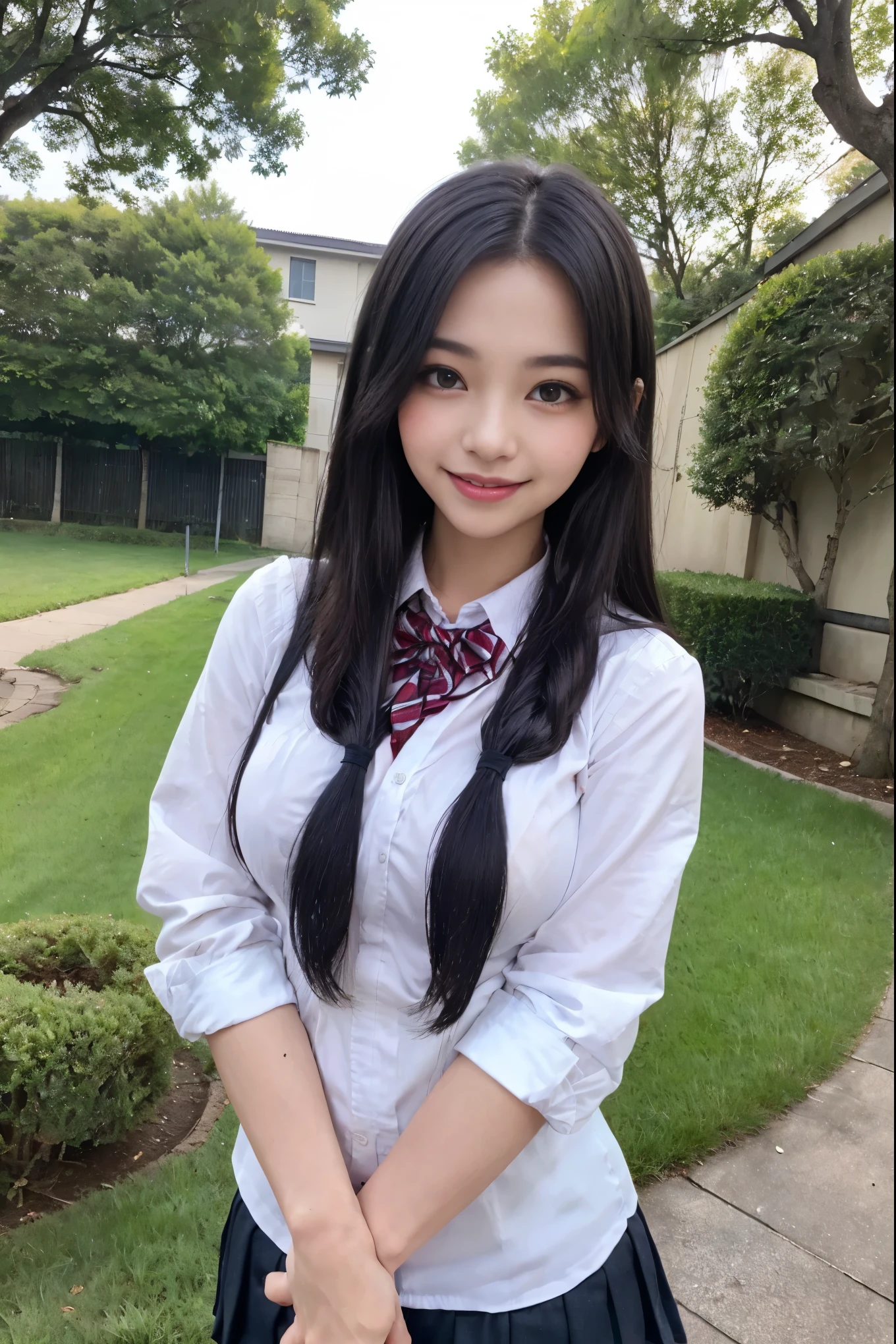 resolution, 1 girl, looking at the viewer,young beautiful japanese woman, super cute face, gorgeous appearance, big breasts,long bob hair,smile,(school uniform:1.3),beautiful eyes,(It&#39;s windy:1.3), Walking down a crowded street with a smile,glossy lips, double eyelids in both eyes, natural makeup, long eyelashes, Shiny and smooth light brown long bob hair, asymmetrical bangs, shiny skin, center image, High resolution, high detail, detailed hairstyle, detailed face, great movie lighting, octane rendering, lively, surreal, perfect limbs, perfect anatomy, Spreading hair、Slender beauty:1.4、((saggy breasts:1.4))、Breast exposed、slim abs、Narrow waist、(smile:1.2) 、(pleated mini skirt、Lift up the hem of your skirt:1.2))、Slender and long beautiful legs、Open your feet wide、(Sheer black stockings:1.2)、(lace panties:1.2、Beautiful pussy exposed、Kupaa、pussy creampie、pubic hair:1.1)、(from below:1.2)、Backlight、