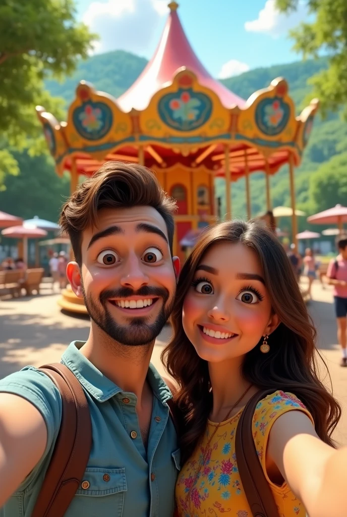 Pixar-style cover There is a man and a woman taking a selfie in front of a carousel., a photo of Ric Estrada, Instagram, tachisme, park in the background, in a park, in the park, with a park in the background, in the park on a beautiful day, with a park in the background, theme park, walks, in the park, 😭 🤧 💔