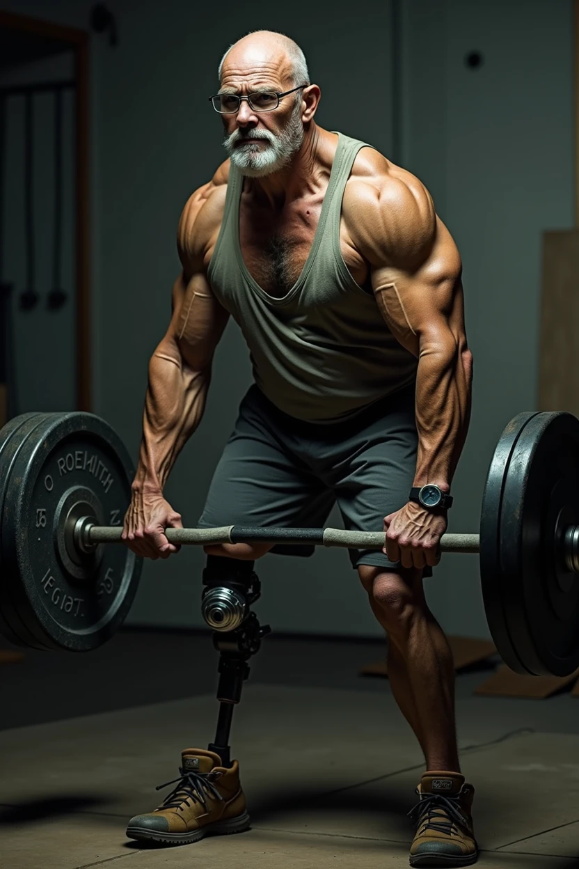 dark man, stark, calvo, No beard and glasses, at 65 years old, training at the gym. He wears a tank top and black shorts and has a prosthetic leg on his left leg.. He holds a barbell weighing 15 kg on each side with both hands..