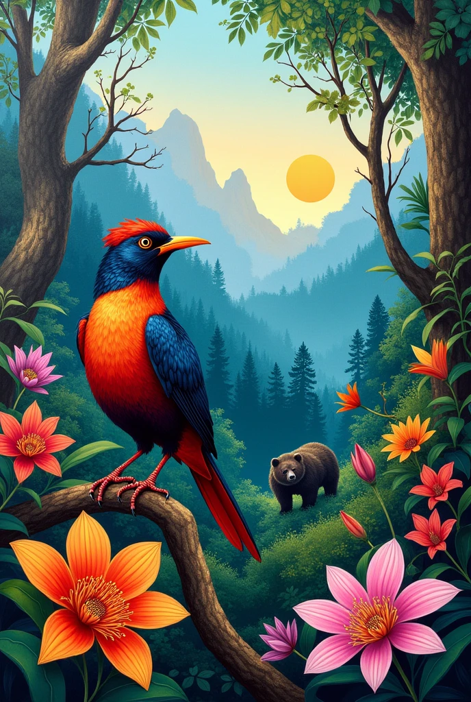 You could create a painting that captures the essence of your locality by combining fauna and flora in a harmonious way.. One idea would be to paint a landscape in which the cock-of-the-rock is perched on a branch of a tree., surrounded by blooming orchids, while, In the background, The silhouette of a spectacled bear can be seen walking through the vegetation. You could play with the bright colors of the flowers and the feathers of the cock-of-the-rock., contrasting them with the darker, earthier tones of the bear and the natural surroundings. This would highlight the biodiversity of your area and could convey a message of coexistence between species in their natural habitat..