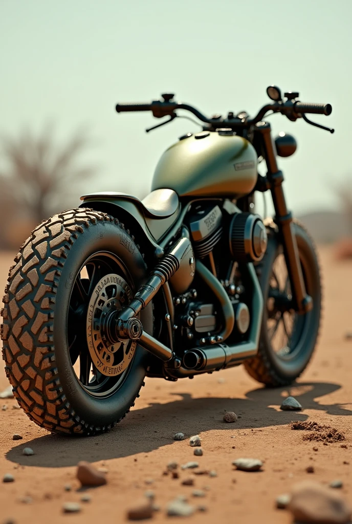 ((best qualityer)), ((dark anime), (detailded), create an image of a bobber style motorcycle with a mad max look, post apocalyptic futuristic ,com dettlhrs do motor aparente, with aged rust colors. harley davison sposter foreith, ((motocross style studded tires,)) in matte olive green color with abrasive rust marks on the metal , zombie apocalyps