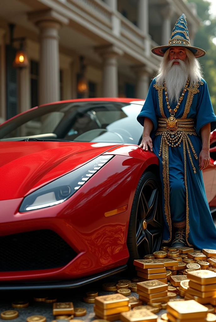 CREATE AN ULTRAREALISTIC IMAGE WITH A BEAUTIFUL RED FERRARI PARKED NEXT TO GOLD BARS AND OPEN SUITCASES WITH DOLLARS INSIDE, IN THE BACKGROUND A BEAUTIFUL MANSION WITH WOMEN AND NEXT TO THE FERRARI A WIZARD IN BLUE CLOTHES AND FULL OF JEWELS AS PER THE MAGIC OF THE TIP