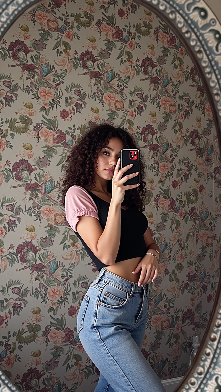 Hiper realistic and natural picture, 18 years girl taking a selfie in the mirror, Looking at the cell phone she is taking the picture on, wearing Black short cropped, short pink sexy shirt, cropped jeans, Aesthetic clothing, sensual clothing, pretty girl, cute girl, beautful, curly hair, dark look, sexy outfit, natural hiper real, light brown skin, curly hair, perfect face, perfect hands
