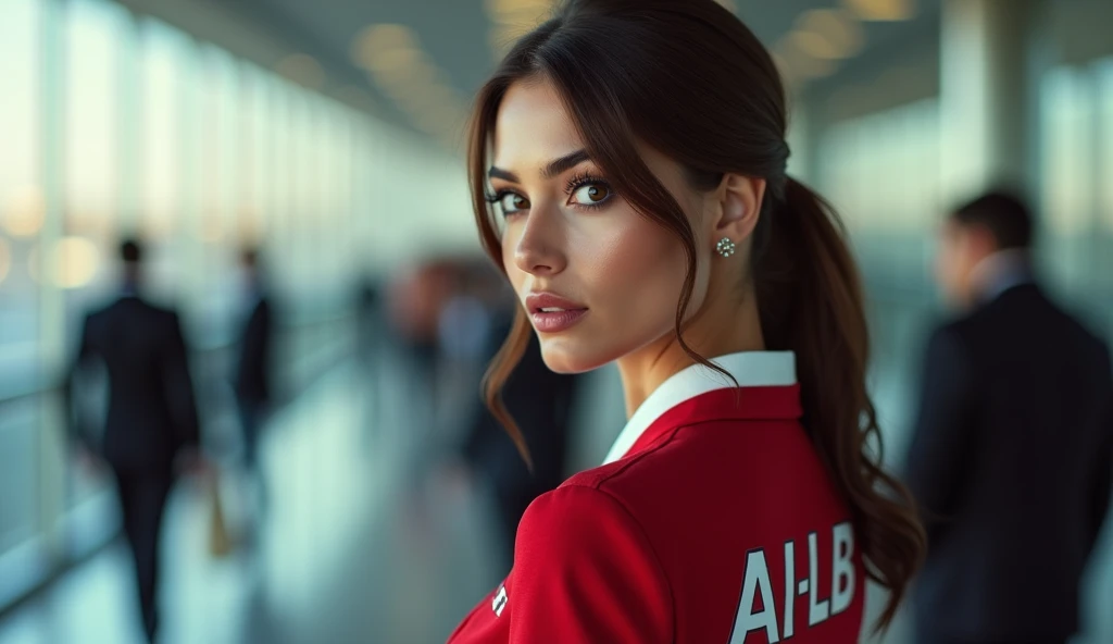 Close up photo of stunning Brazilian air hostess, flirty, model, 25 years, brown-haired, sexual, beautiful short fitted flight attendant uniform dress, a flight attendant's cap on her head, Hair tied in a ponytail, provocative pose, Perfect body, Beautiful, I'm going to the airport, there are people around, Mediterranen AI LB Airlines inscription on the back, Sensual look, (Best quality), (super detail), better lighting, Medium breasts